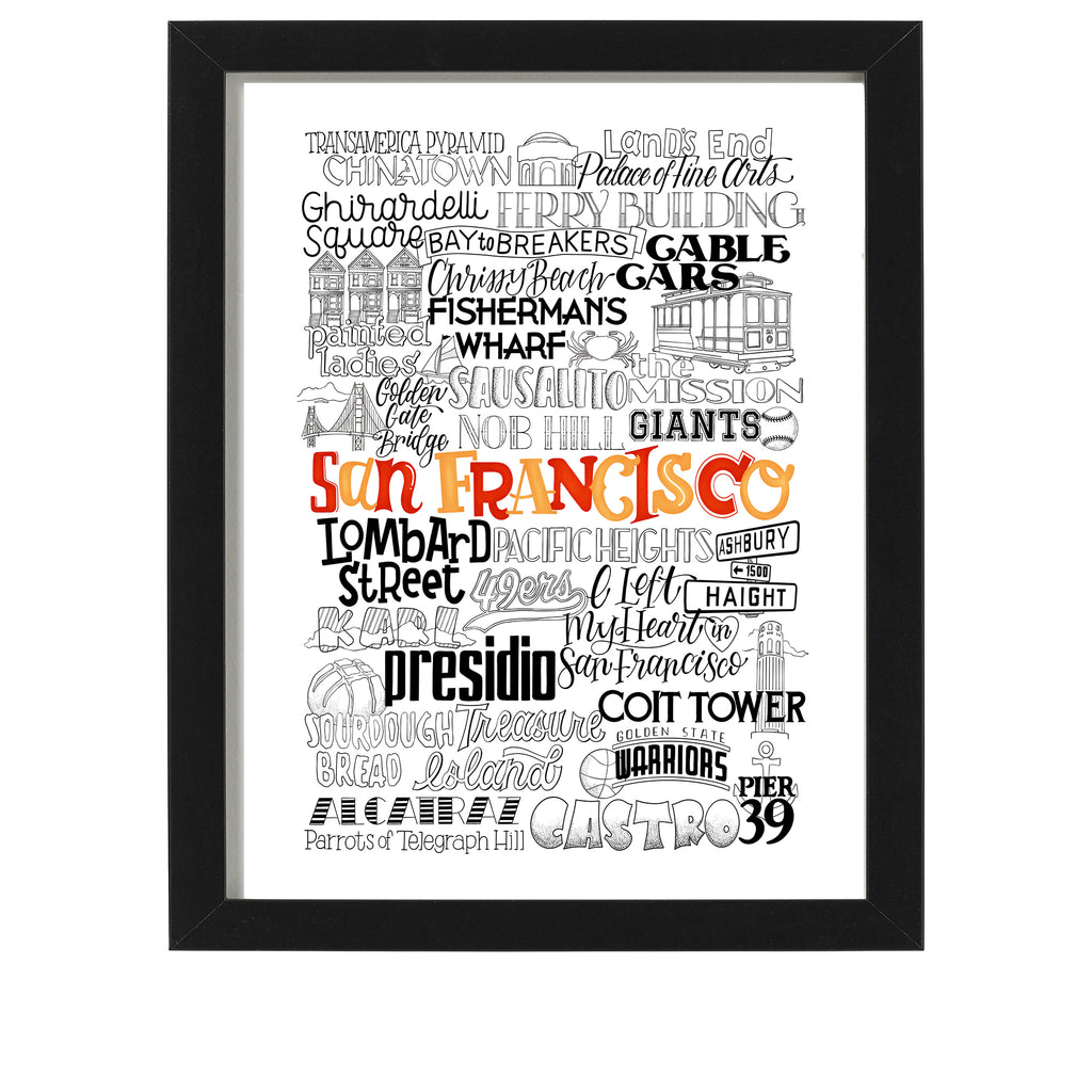 San Francisco California Typographic 8 x 10 art print with iconic San Fran landmarks, food and sports like the 49ers, sausalito, golden gate bridge and golden state warriors.