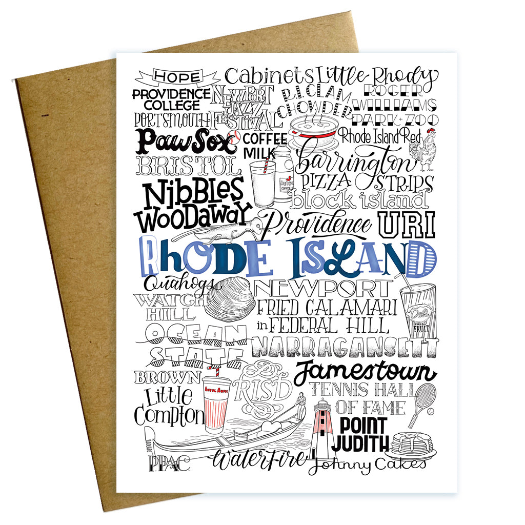 Rhode Island Typographic greeting card with Rhode Island towns, landmarks, and food like Providence, Newport, coffee milk and RISD.