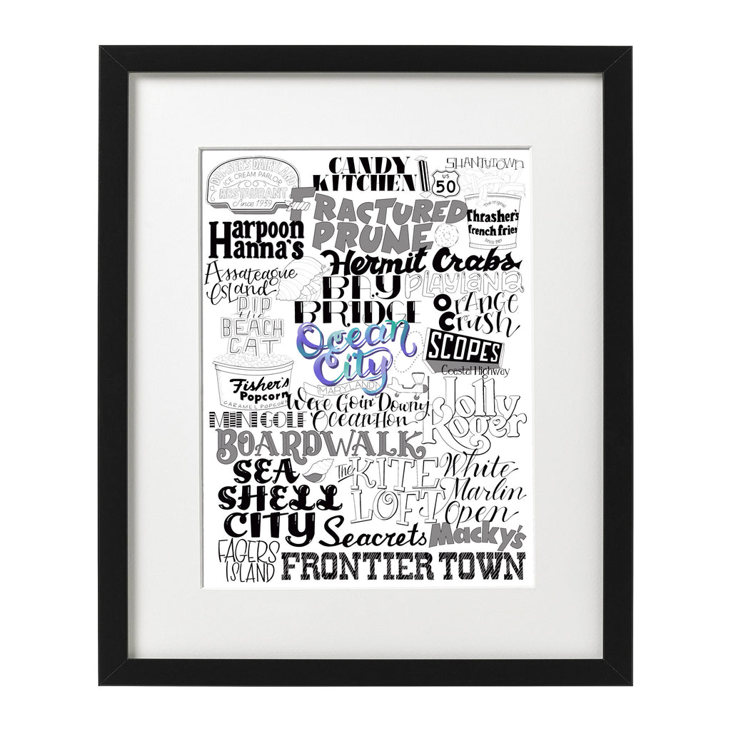 8 x 10 art print depicting iconic  landmarks and food  of  Ocean City, Maryland.