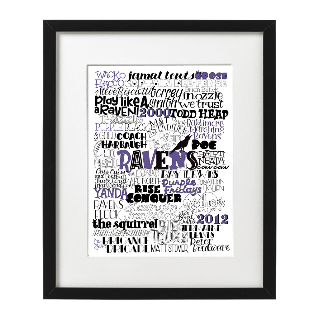 Baltimore Ravens Typographic 8 x 10 art print with famous players and traditions like Justin tucker, Lamar Jackson and Ray Lewis.