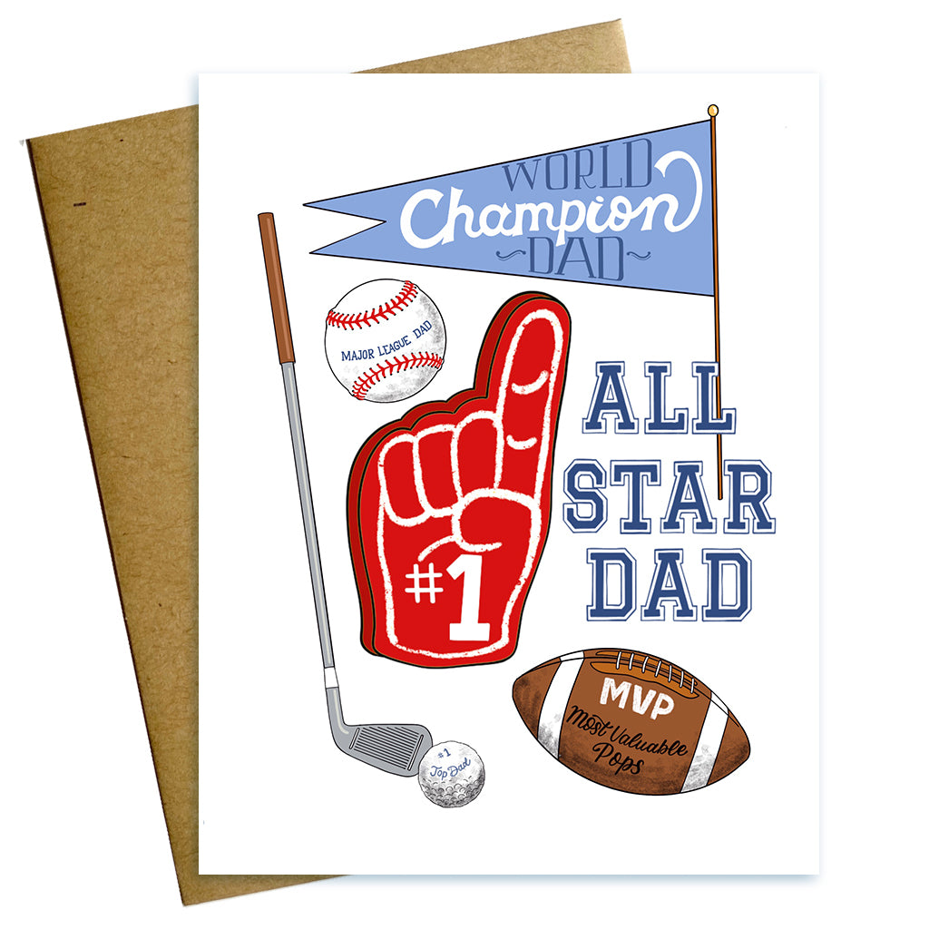 all star dad, fathers day card, dad card, world champion dad, mvp, most valuable pops, golf, foam finger, football, baseball