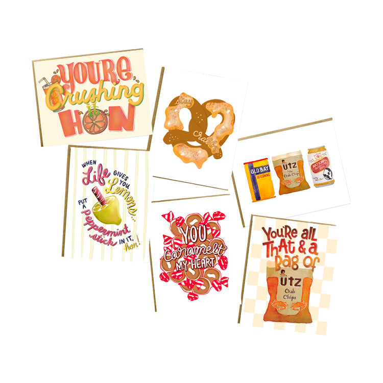 Maryland food themed greeting card bundle including orange crush, crab pretzel, lemon stick, caramels and crab chips