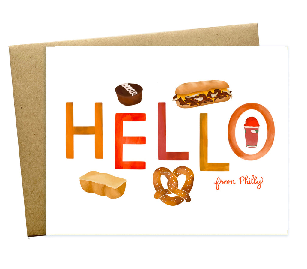 hello from philly, philadelphia, pennsylvania, cheese steak, pretzel, tasty cake, krumpet, italian ice, philly greeting card