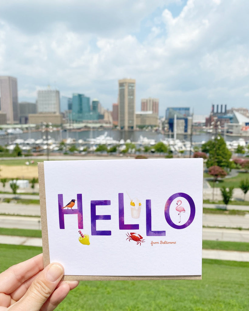 Hello from Baltimore card with harbor backdrop