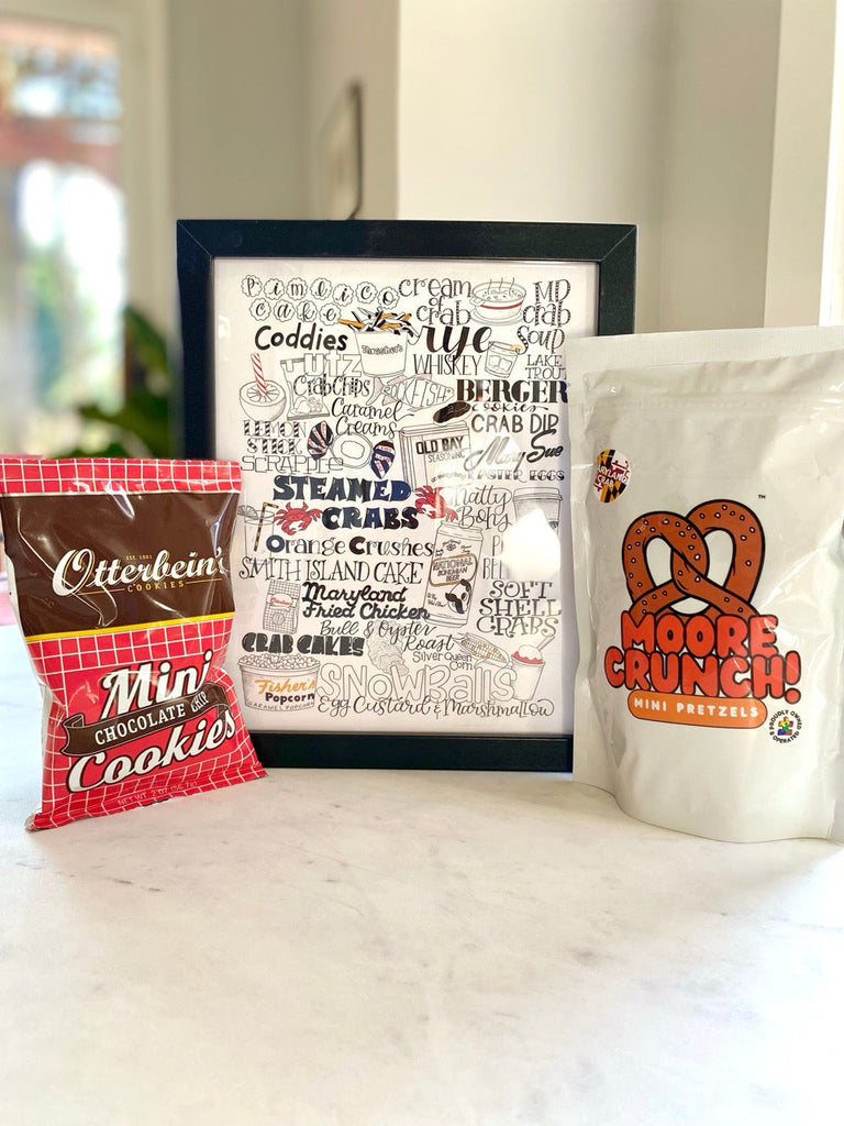 Maggie Moore Maryland food print with Otterbein Cookies and Moore Crunch Pretzels.