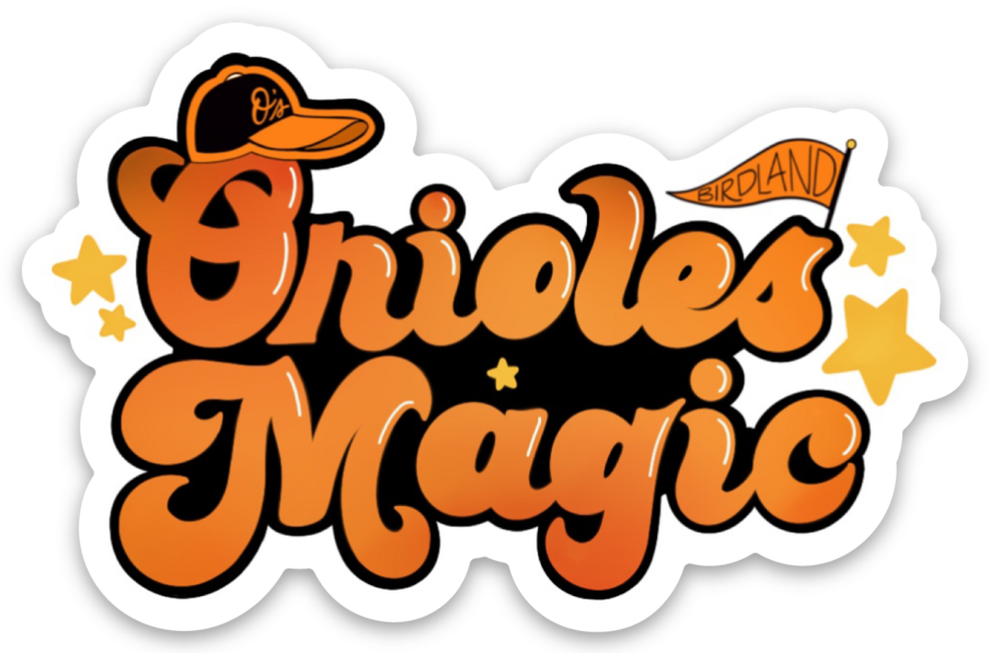 Baltimore Orioles magic sticker with orange birdland flag and O's hat