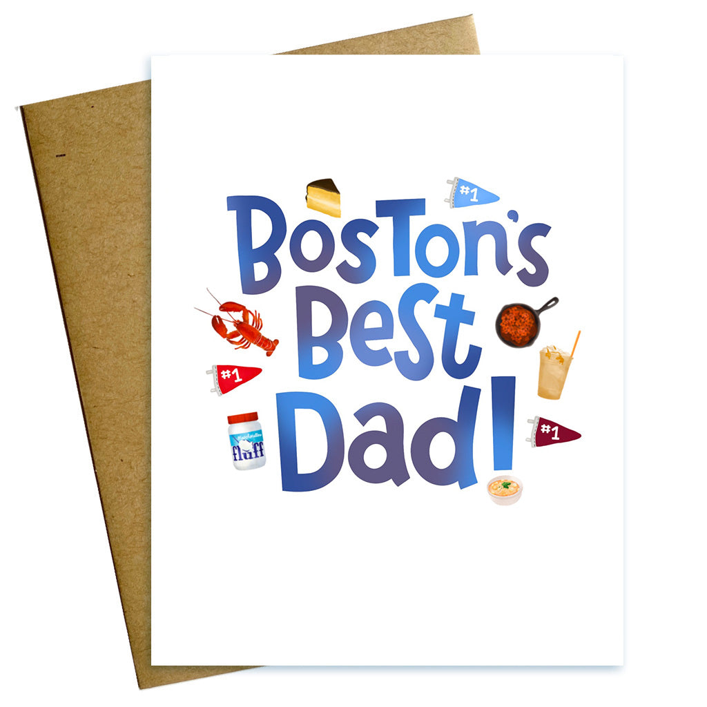 Hand Lettered  Boston's  Best  Dad Father's Day card with  illustrations  of  #1 Pennants, fluff,  baked beans,  boston cream pie, iced coffee and lobster.