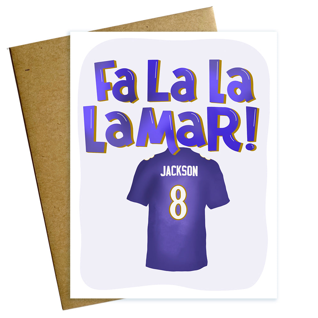 fa la la la Lamar holiday greeting card with Jackson jersey image