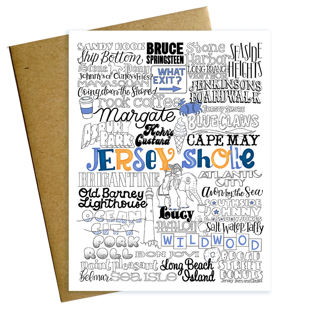 Hand lettered graphic greeting card depicting favorite things about the Jersey Shore with illustrations including, wildwood, bruce springsteen, seaside heights, stone harbor, point pleasant, asbury park avalon and more.