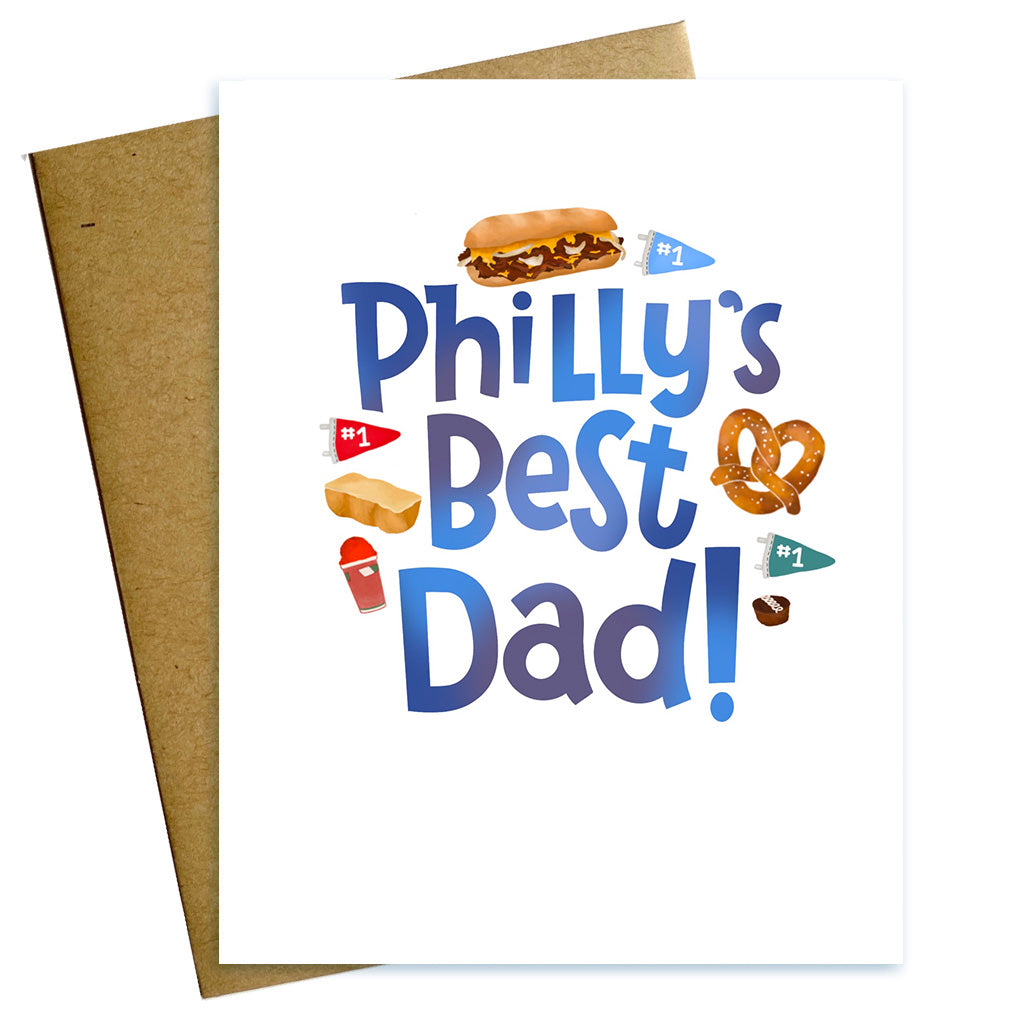 Hand Lettered Philly's Best Dad Father's  Day Card  with illustrations of #1 pennants, tastykakes,  pretzel, water ice and cheesesteak.