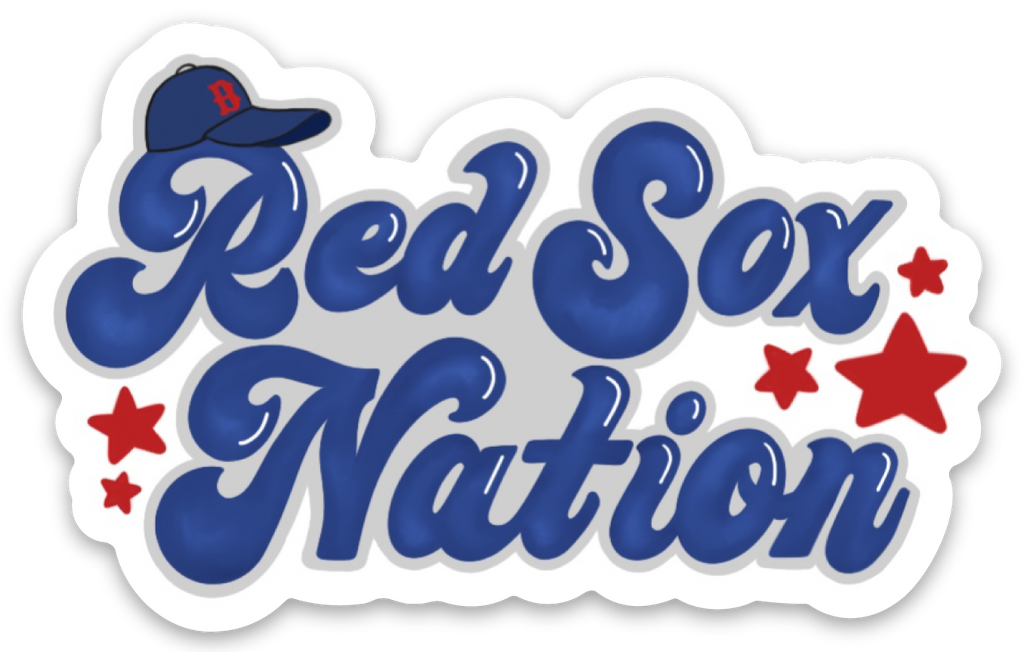 Blue Hand Lettered Red Sox Nation Die Cut Sticker with Boston Red Sox cap illustration and red stars.