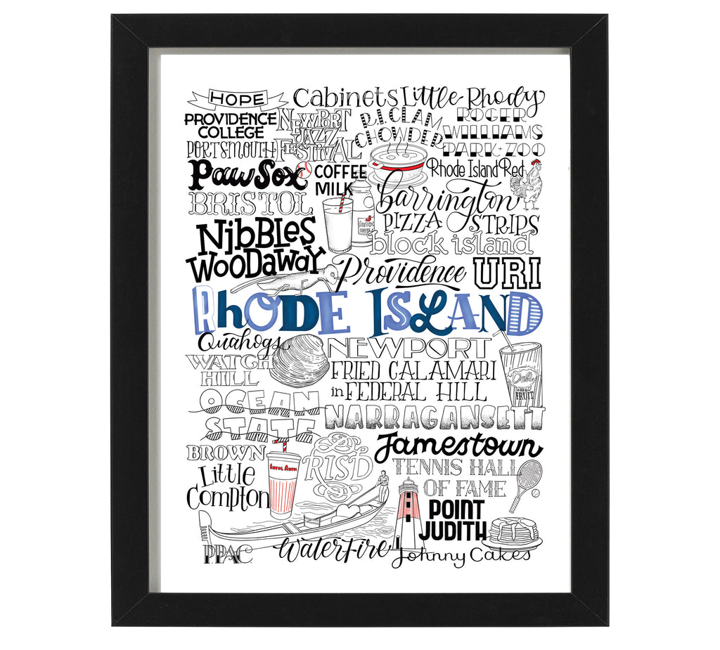 Rhode Island Typographic 8 x 10 art print  with Rhode Island towns, landmarks, and food like Providence, Newport, coffee milk and RISD.