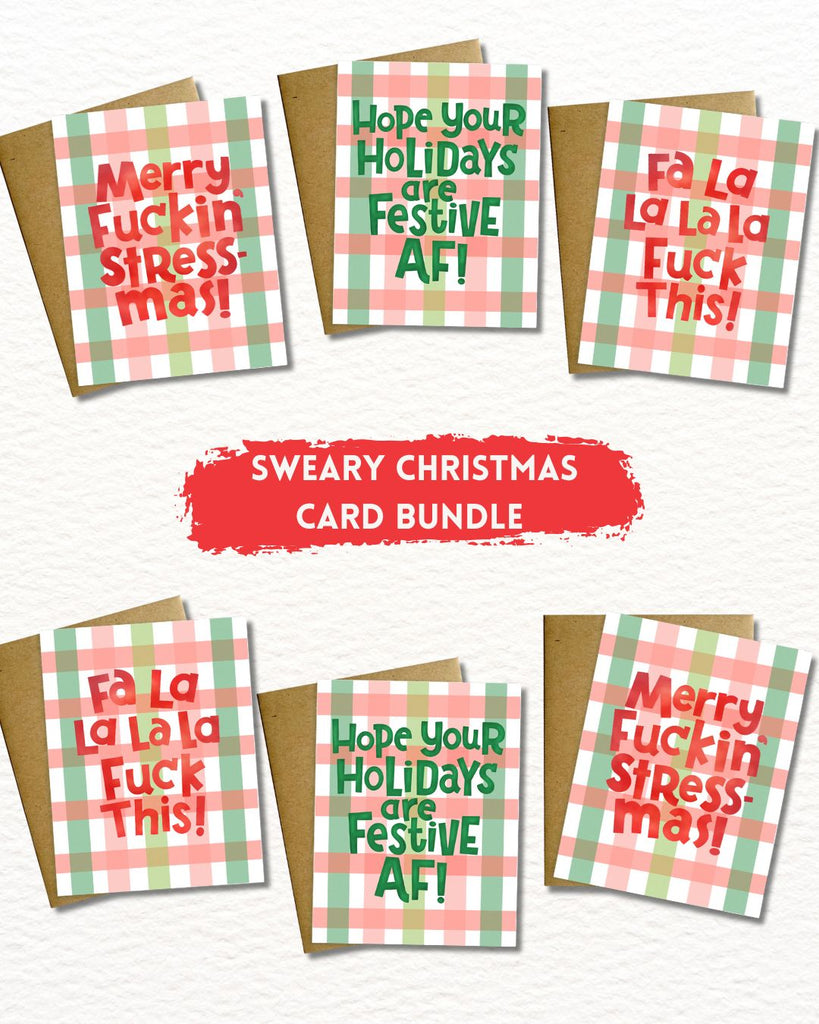 Set of six Christmas cards with plaid patterns and offensive language, labeled 'Sweary Christmas Card Bundle'.
