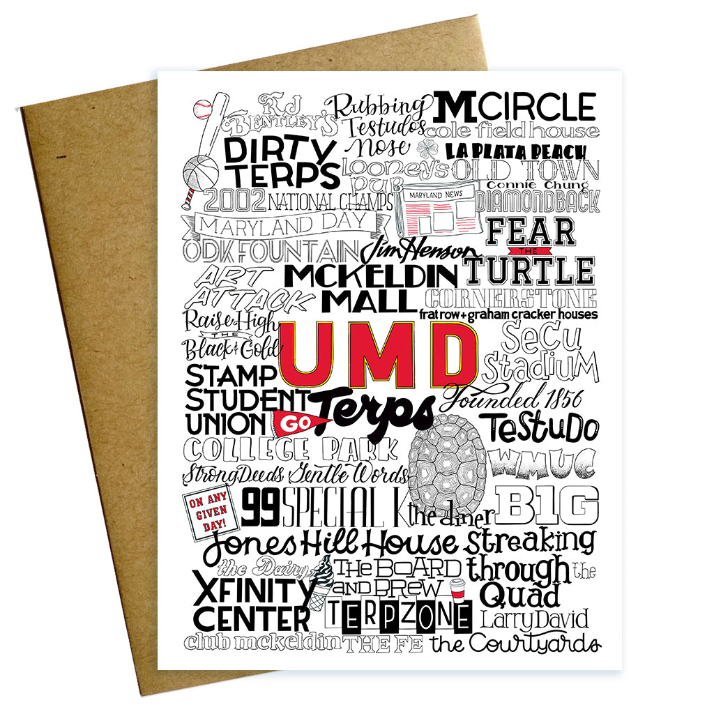 University of Maryland greeting card of UMD's most popular people, places and things like the Terps, Fear the Turtle, Secu Stadium, College Park, and Testudo.