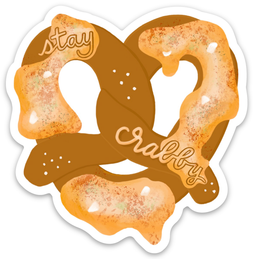 Stay Crabby sticker with crab pretzel illustration