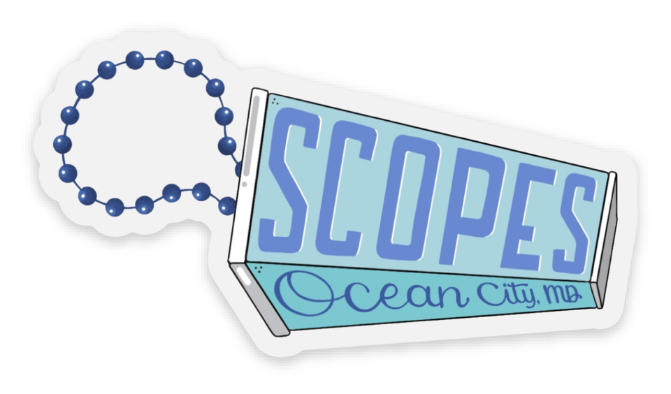Ocean City Maryland Scopes sticker  with illustration of Telescope photo viewer on clear background