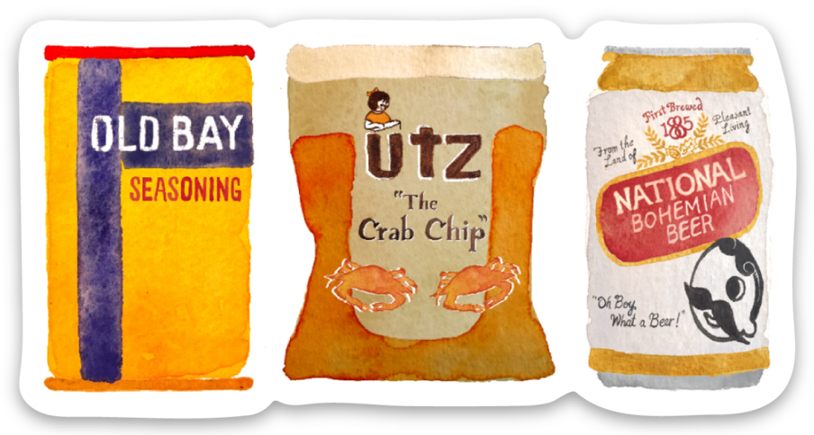 Baltimore Maryland die cut sticker with watercolor images of old bay, utz crab chips and natty boh beer.