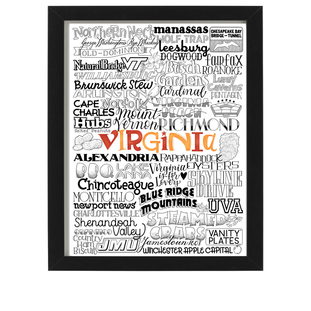 Virginia typographic 8 x 10 Art print including favorite foods, places and icons of Virginia like Williamsburg, Alexandria, Blue Ridge Mountains and steamed crabs.