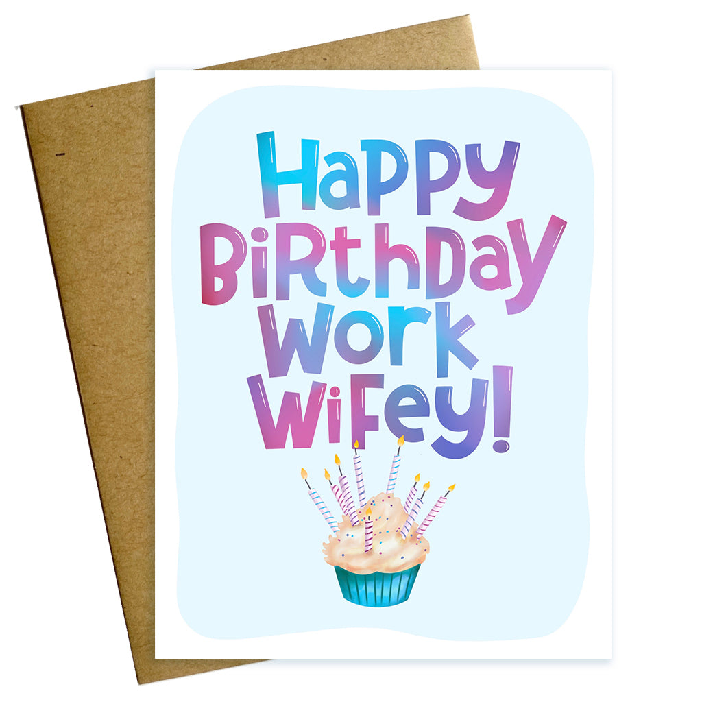 happy birthday work wifey greeting card with cupcake with lots of candles  illustration