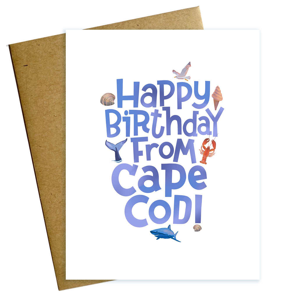 Happy Birthday from Cape Cof greeting card with shark, whale, clam, lobster, sea gull and ice cream illustrations