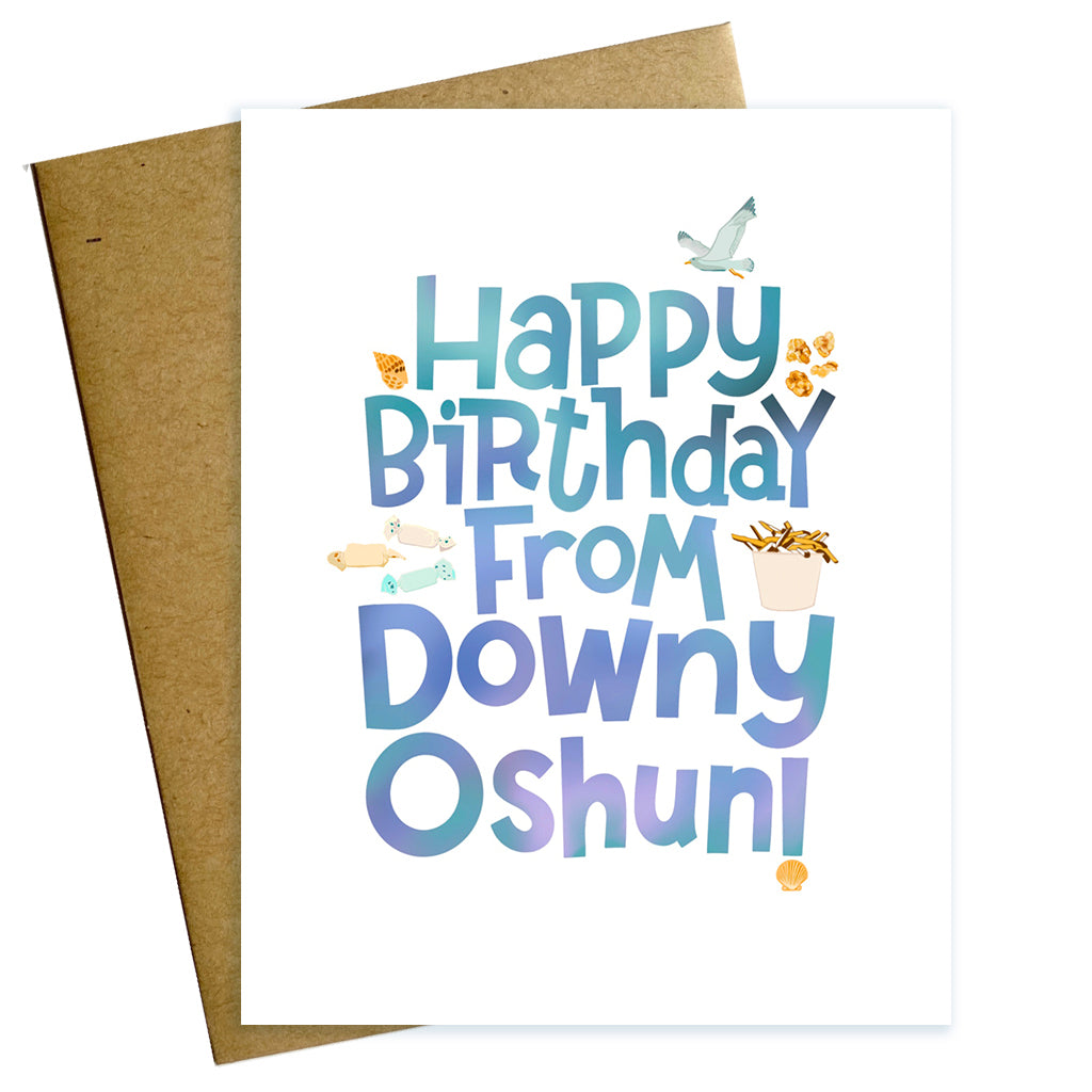 happy birthday from downey oshun hon for Ocean city Maryland lovers with thrashers fries, taffy, seashells, popcorn and seagull illustrations