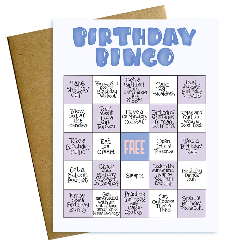 Birthday greeting card with a hand lettered  bingo card  with things you might do on your birthday in each square.