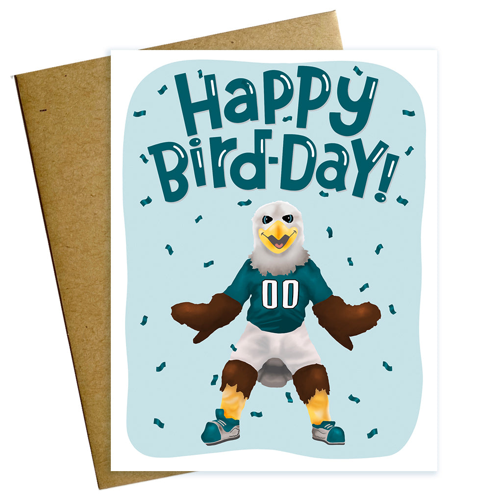 happy bird-day birthday card with Philadelphia Eagles football mascot and confetti