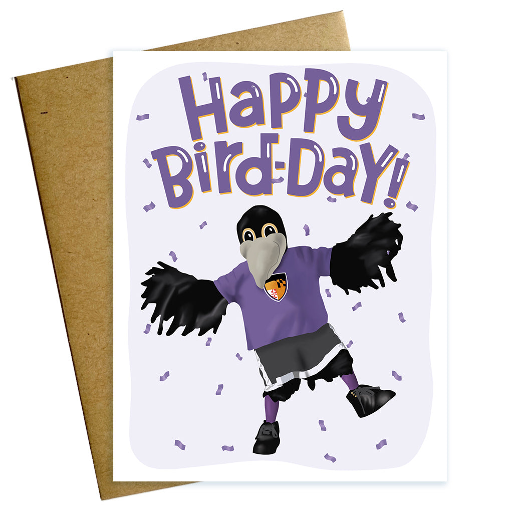 Baltimore Ravens birthday card reading Happy Bird-Day with Poe the Ravens mascot and confetti.