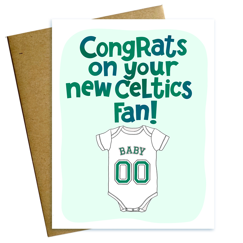 Boston Baby card reading Congrats on your new Celtics fan with baby onesie with green numbers