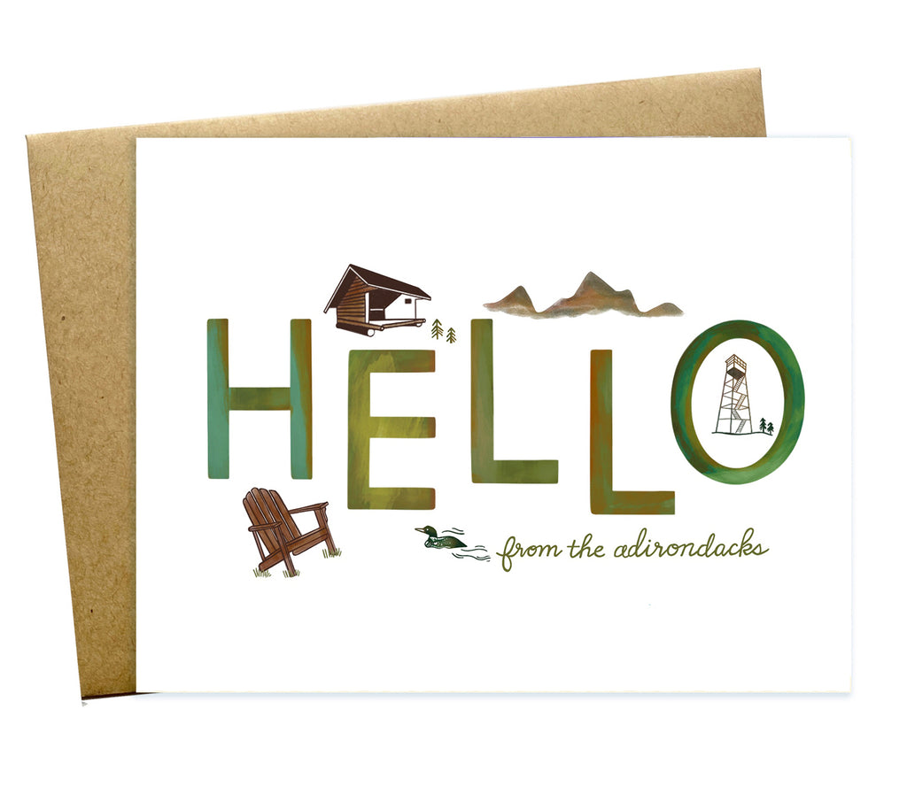 Hello from the Adirondacks Upstate New York greeting card with lean-to loon adirondack chair mountains and fire tower
