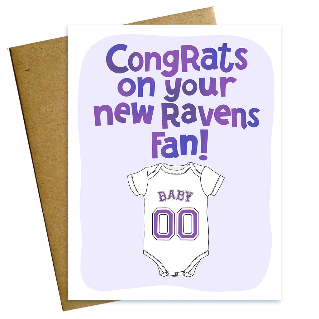 Hand lettered new baby shower card reading Congrats on your  new Ravens fan with Baby onesie in Baltimore Ravens purple. 
