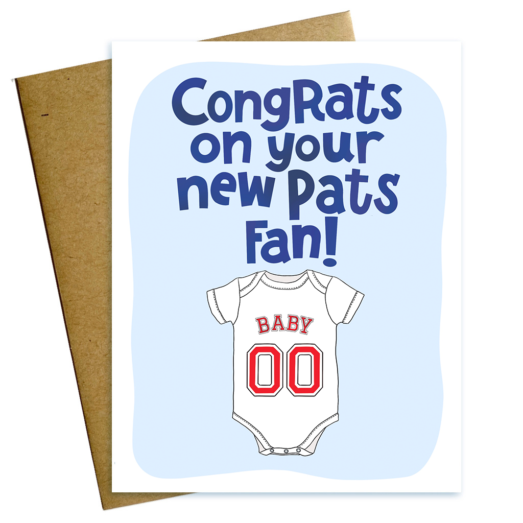 New England Patriots baby card reading congrats on your new Pats fan in blue  with Baby onesie with red numbers.