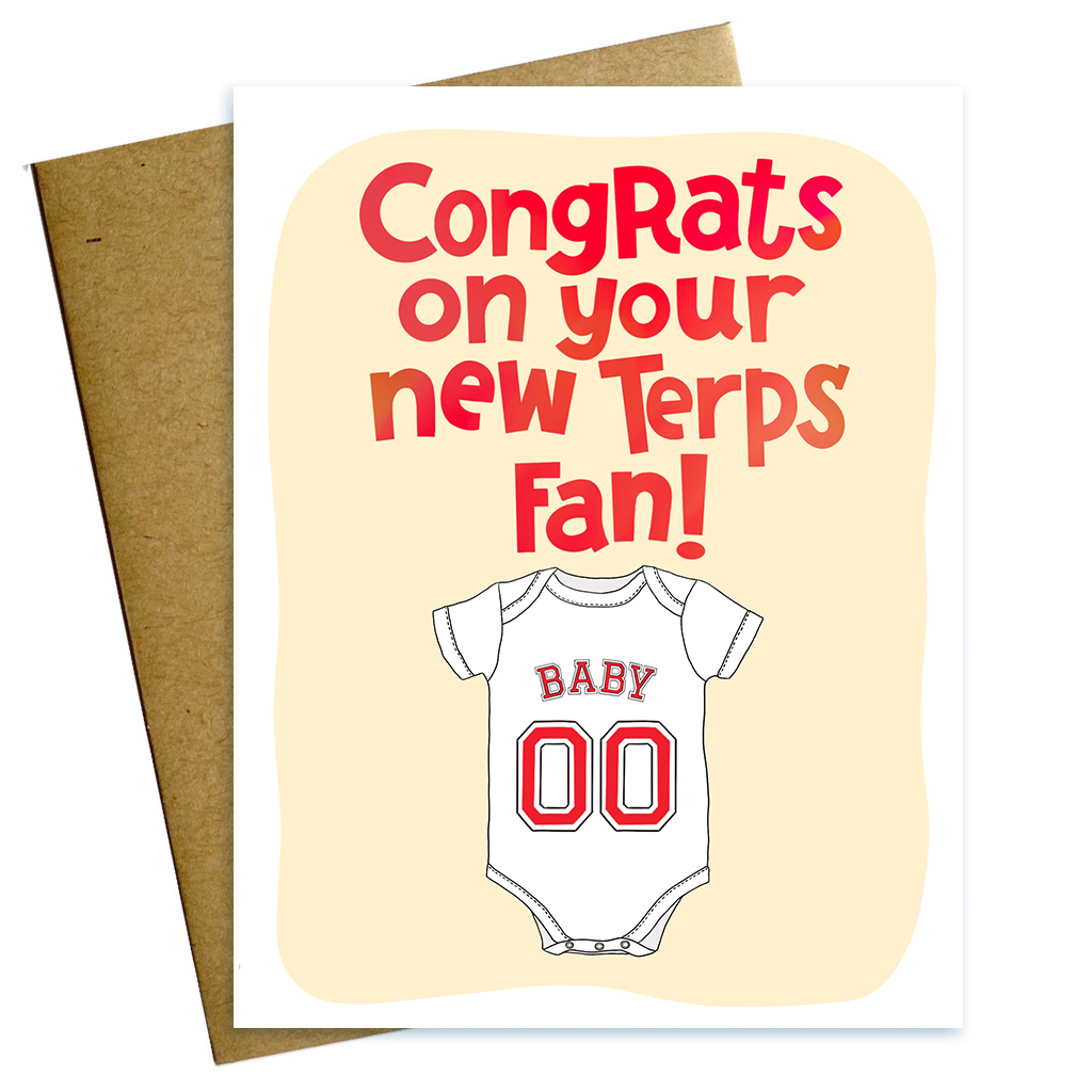 University of Maryland greeting card reading Congrats on Your New Terps fan with an illustration of a baby onesie.