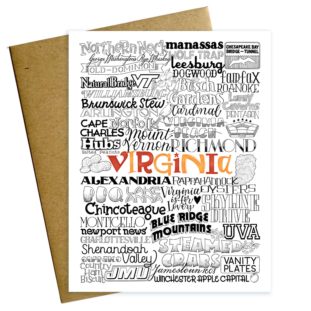 Virginia typographic greeting card including favorite foods, places and icons of Virginia like Williamsburg, Alexandria, Blue Ridge Mountains and steamed crabs.