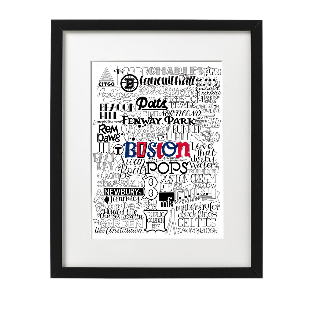 Hand-drawn Typographic Words associated with Boston including Fenway Park, clam chowder and swan boats