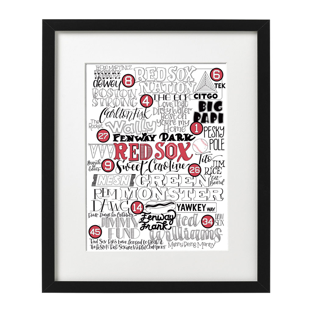 Boston Red Sox Typographic 8 x 10 art print with famous players and traditions like the green monster, fenway park, david  ortiz and ted williams.