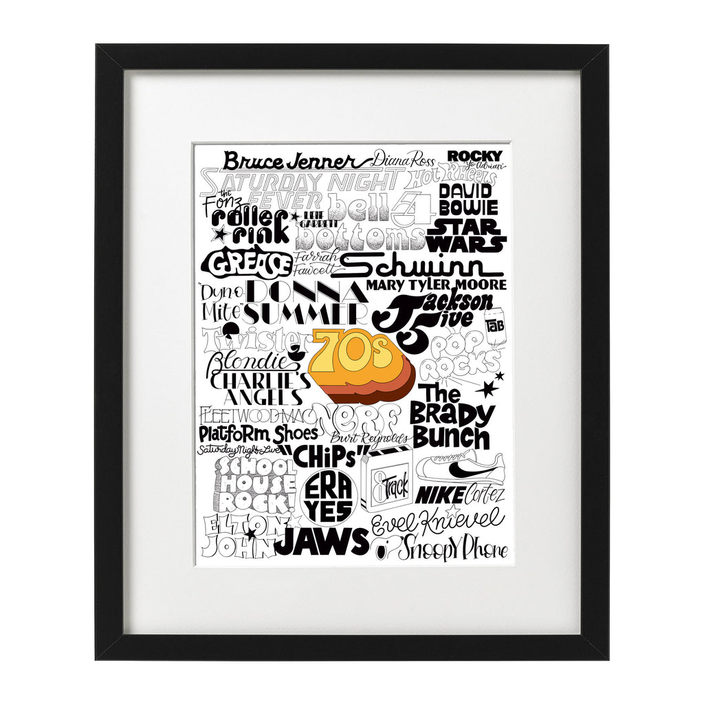 1970's Typographic art print with famous icons, trends, movies, tv and music of the 70's like Jaws, Star Wars, Charlie's Angels, Fleetwood Mac, Disco and Bell Bottoms. 