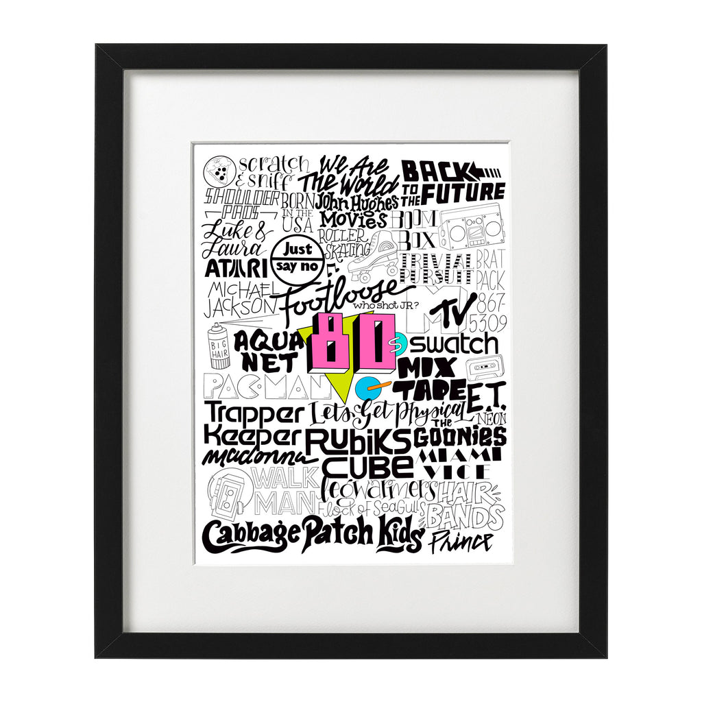 Nostalgic 1980's typographic art print showing iconic eighties music, tv, movies and trends like pac man, madonna and footloose.