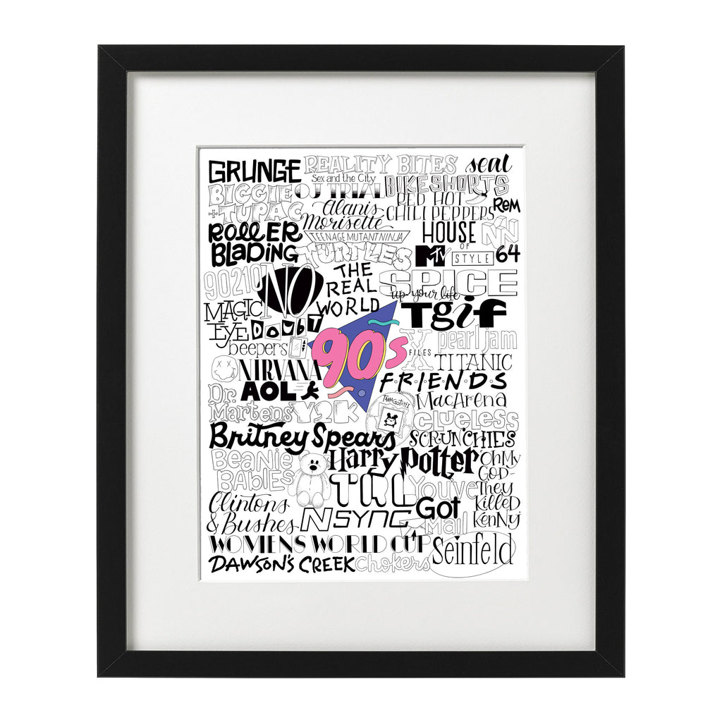 Nostalgic 90's Typographic art print showing iconic trends, movies, tv and music of the nineties like Friends, Britney Spears, Harry Potter, 90210 and Seinfeld.