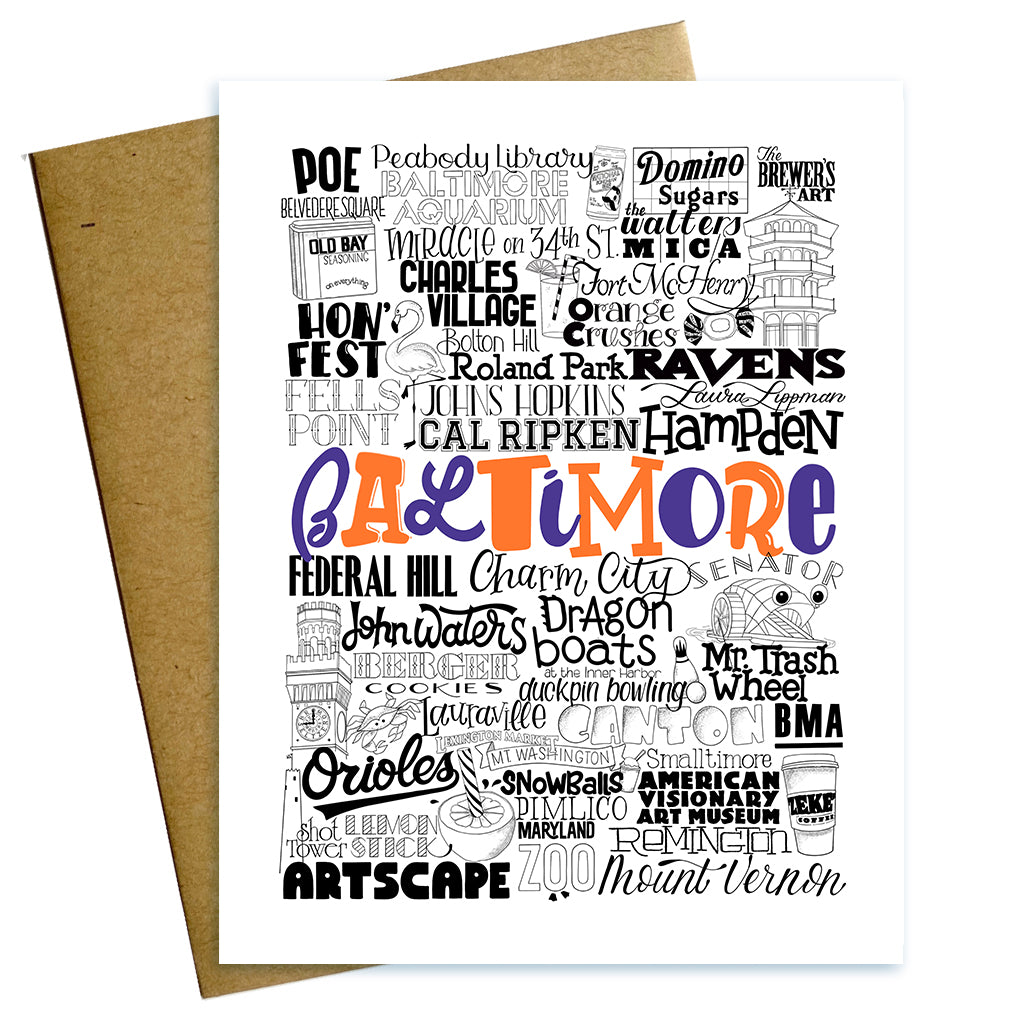 Baltimore Maryland typographic greeting card with Baltimore's iconic landmarks, food, and sports like the Orioles, Johns Hopkins, Ravens and Old Bay.