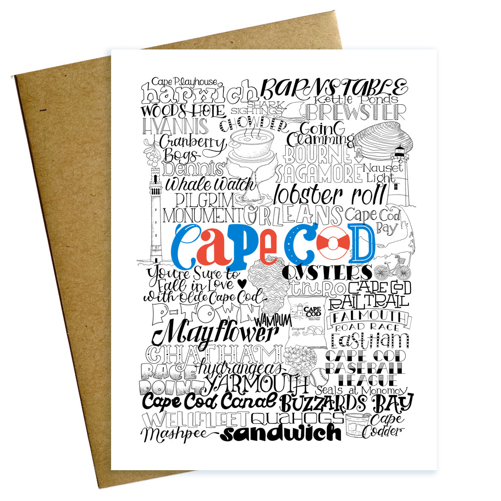 Cape Cod greeting card, typography mashup, Cape Cod Massachusetts, Sandwich, lobster roll, nauset, eastham, chatham, wampum, clam chowder, harwich