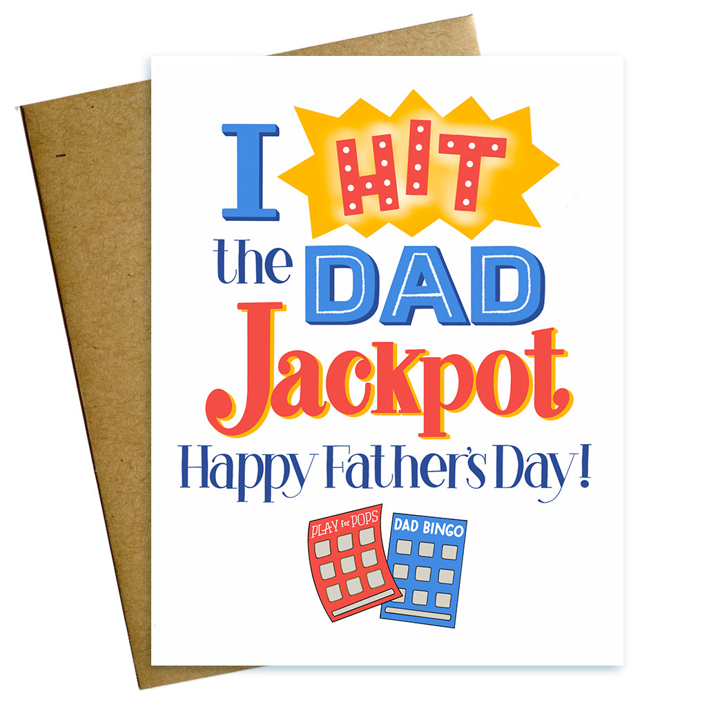 i hit the dad jackpot, happy fathers day, fathers day card, dad card, bingo, scratch off, blue, red, yellow
