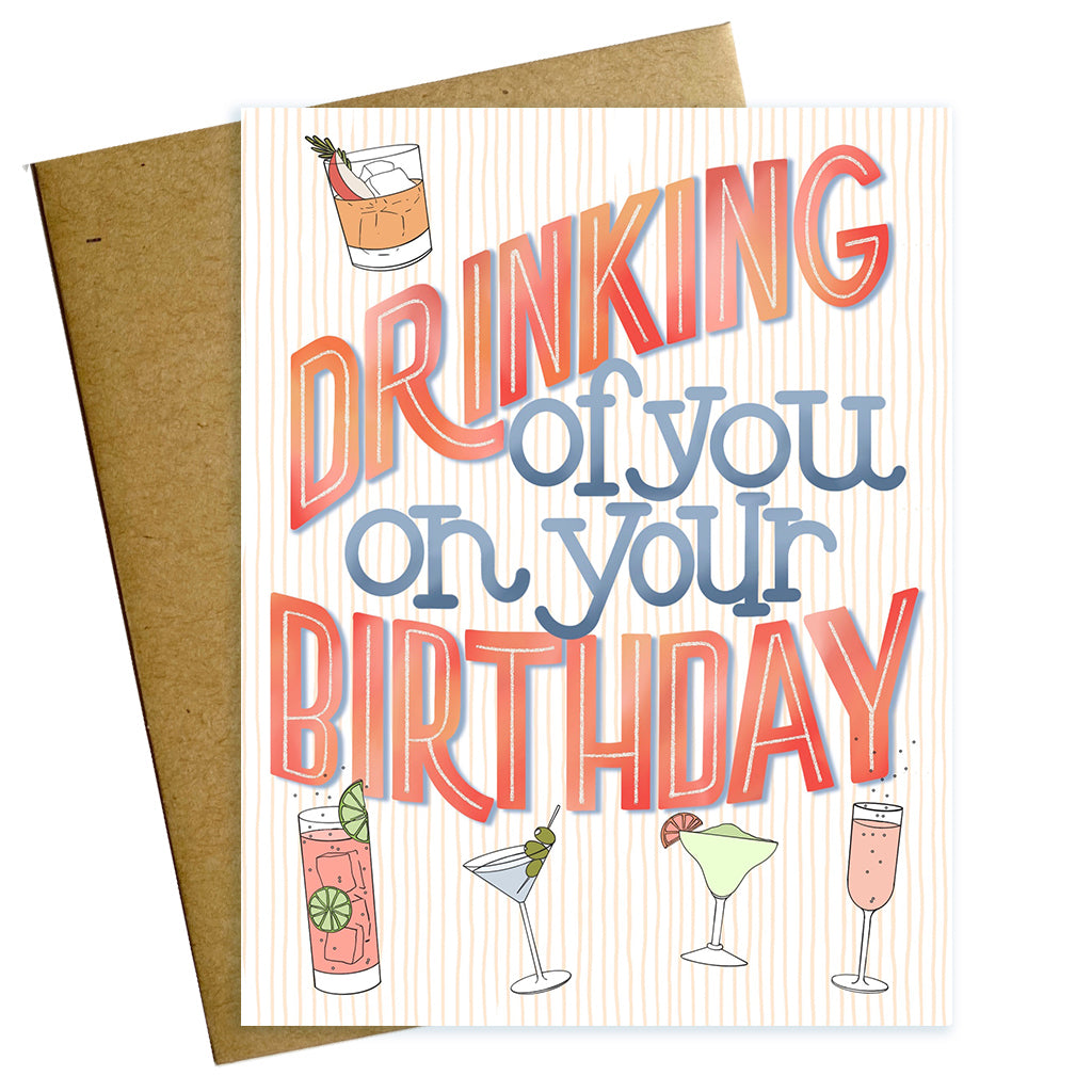 drinking of you on your birthday, birthday card, cocktails, drinks, vintage