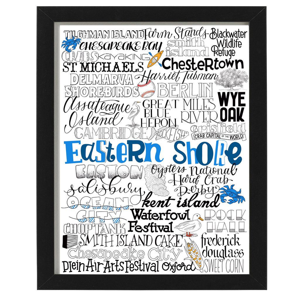 8 x 10 Maryland Eastern Short Typographic art print with famous towns and landmarks of the Eastern Shore like ocean city, Chesapeake bay and Maryland crabs.
