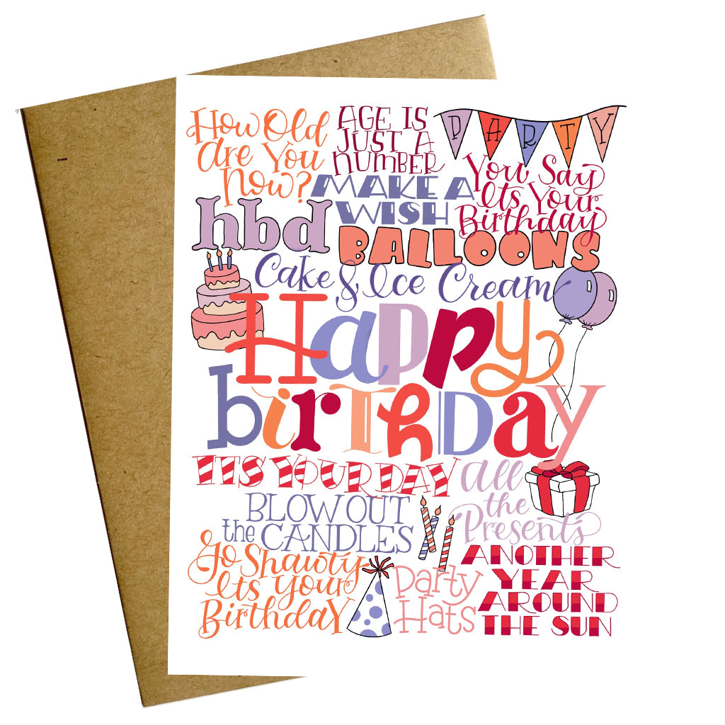 Happy Birthday, Greeting Card, Typography Mashup, pink, purple, peach, raspberry, balloons, cake, present, candles