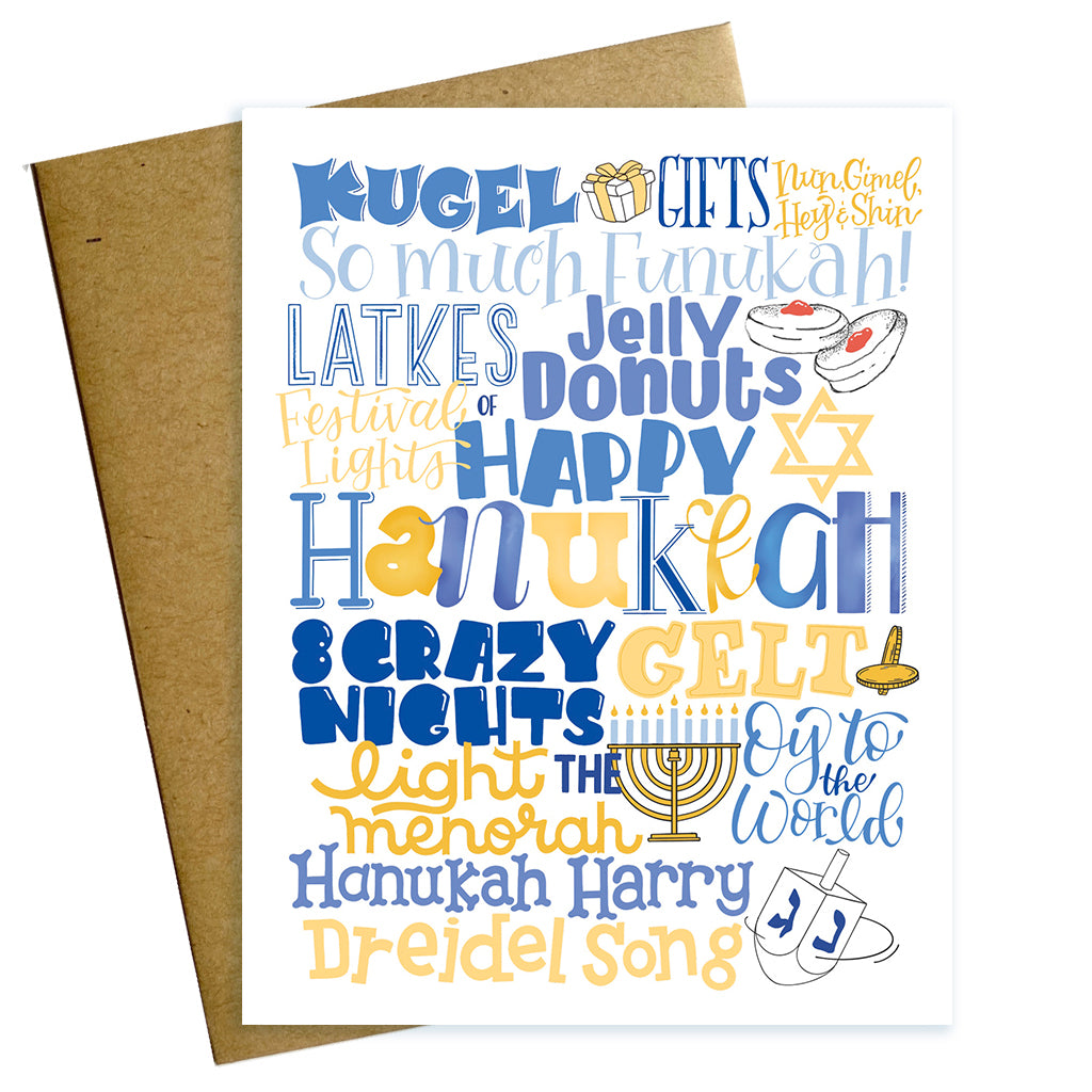 happy hanukkah, hanukkah card, greeting card, holiday card, gelt, 8 crazy nights, latkes, festival of lights, typography mashup, hanukkah words, oy to the world
