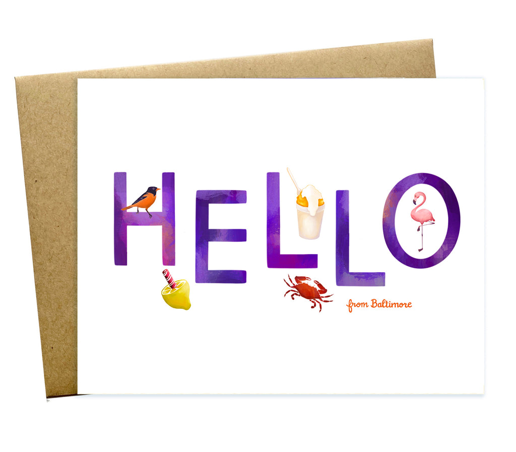 Hello from Baltimore greeting card with images of oriole bird, lemon stick, snowball, crab and flamingo.