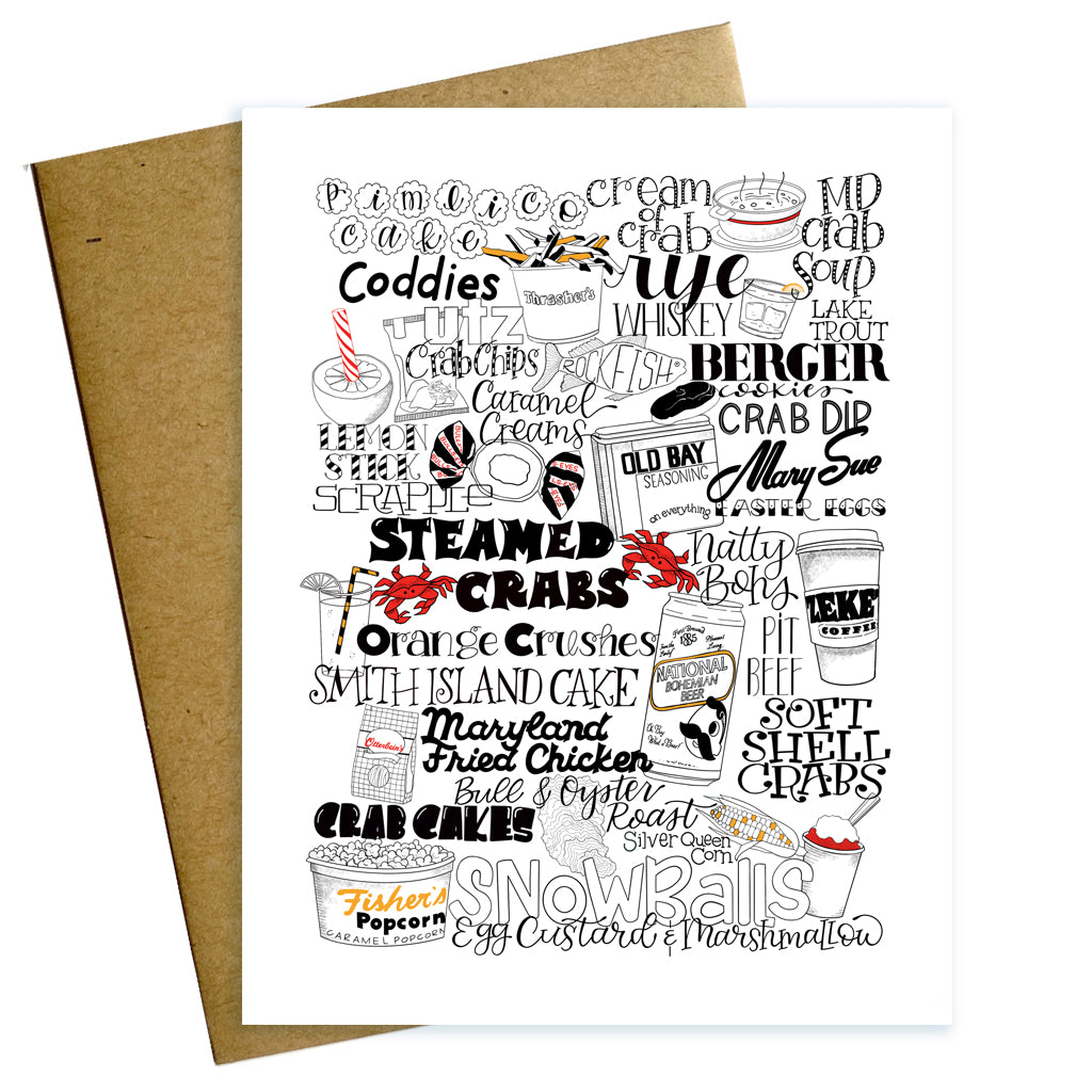 All foodie things Maryland typographic greeting card including steamed crabs, snowballs, berger cookies, and thrashers fries.