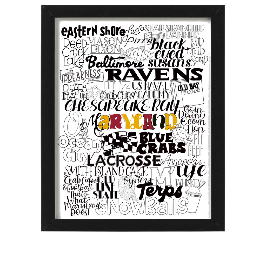 8 x 10 Maryland  Typographic  art print showing iconic Maryland landmarks,  traditions, sports and food.
