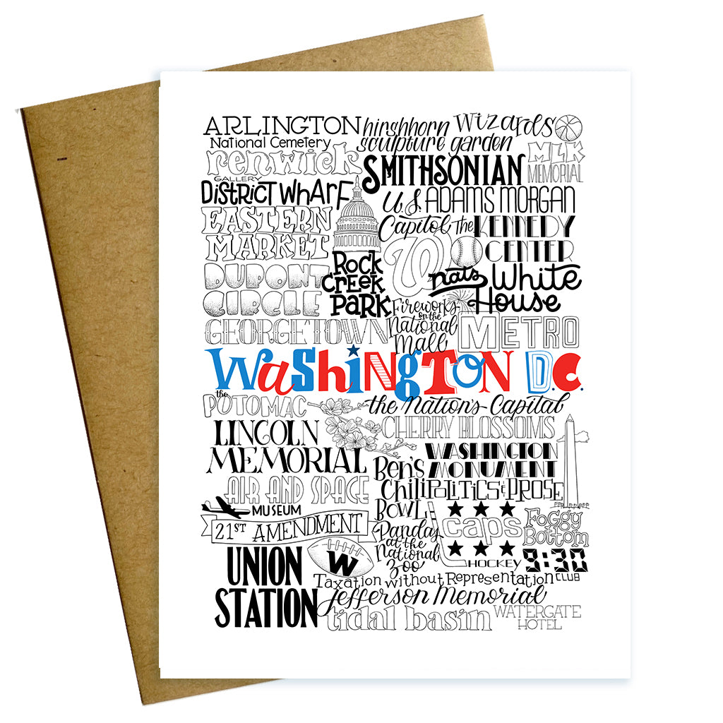 Washington DC typographic  greeting card with iconic dc landmarks